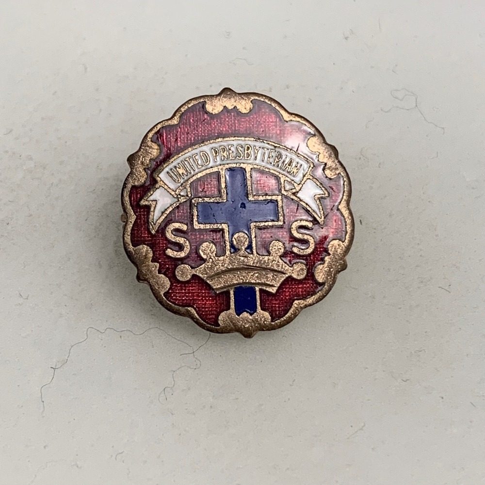 Vintage United Presbyterian SS Enamel Pin Religious Cross Crown Red Gold Tone